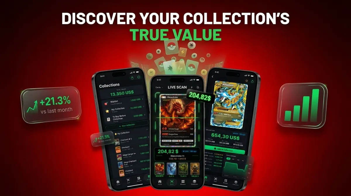 Card Value Scanner collection value screens Card Value Scanner app screens showing collection totals, live card scan, and price history on three phones against a red background.